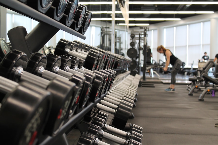 Dumbbell racks inside a fitness studio